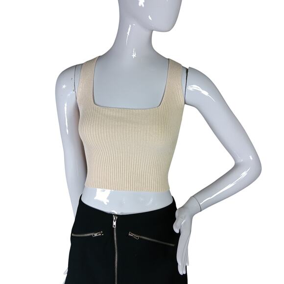 Be Cool Crop Knit Top Size Small / Medium Ribbed Beige Lightweight Ties on Back - Picture 2 of 8